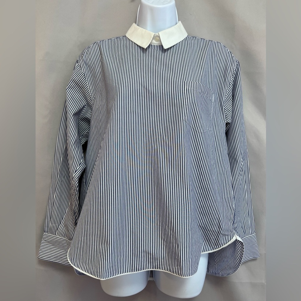 Sacai‎ Blue & White Striped Pleated Back Button Down Long Sleeve Shirt 3 / M